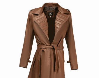 May include: A brown leather trench coat with a belt and a collar that can be worn up or down.