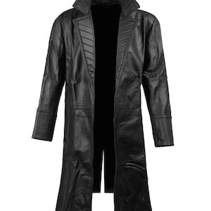 May include: A long, black leather coat with a notched collar and a tailored fit. The coat features a double-breasted design, long sleeves, and a knee-length hem. The coat is made of a smooth, shiny leather material.