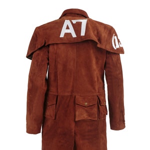 May include: A brown suede long coat with a white "A7" on the back and a white "A" on the right shoulder.