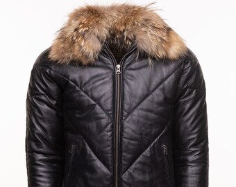 Black V-Bomber Style Puffer Winter Leather Jacket With Fur Collar