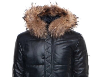 Traynor's Puffer Winter Leather Jacket With Ribbed Cuffs And Waist And Fur Trim Hoodie