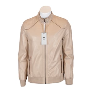 Giacca in pelle stile motociclista, fatta a mano, color bianco sporco