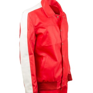 May include: Red jacket with white stripes on the sleeves. The jacket has a collared neckline, a button-up front, and ribbed cuffs and hem. The matching red pants have a white stripe down the side. The outfit is made of a shiny material.