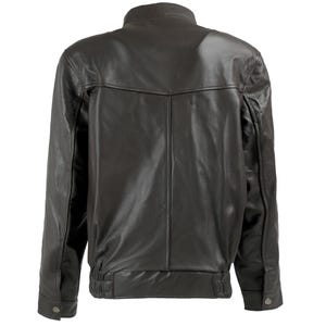 May include: A black leather jacket with a stand-up collar and a zipper closure. The jacket has a ribbed waistband and cuffs.