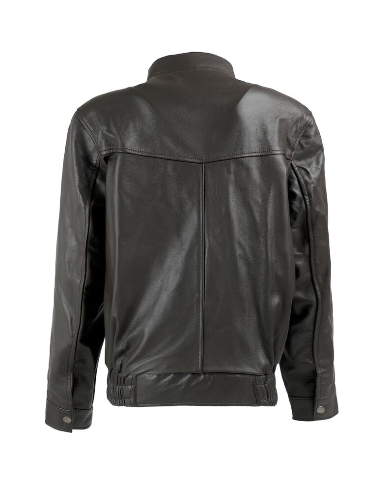 May include: A black leather jacket with a stand-up collar and a zipper closure. The jacket has a ribbed waistband and cuffs.
