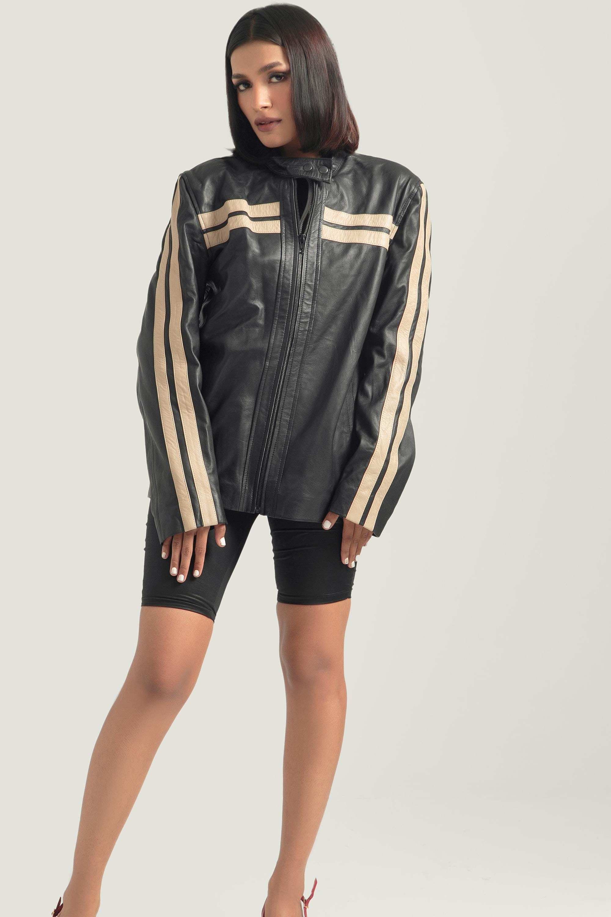 Oversized Black Leather Bomber Jacket, Retro Stripe Design - Etsy