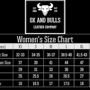 May include: A black and white size chart for women's clothing, showing measurements in inches for different sizes, including XS, S, M, L, XL, and 2XL. The chart includes measurements for body bust size, jacket bust size, waist, sleeves, and shoulders.