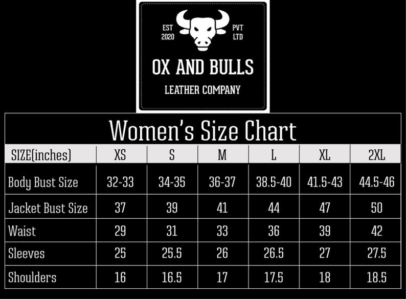May include: A black and white size chart for women's clothing, showing measurements in inches for different sizes, including XS, S, M, L, XL, and 2XL. The chart includes measurements for body bust size, jacket bust size, waist, sleeves, and shoulders.