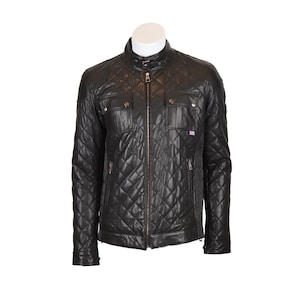 May include: A black quilted leather jacket with a zipper closure and two flap pockets on the chest.
