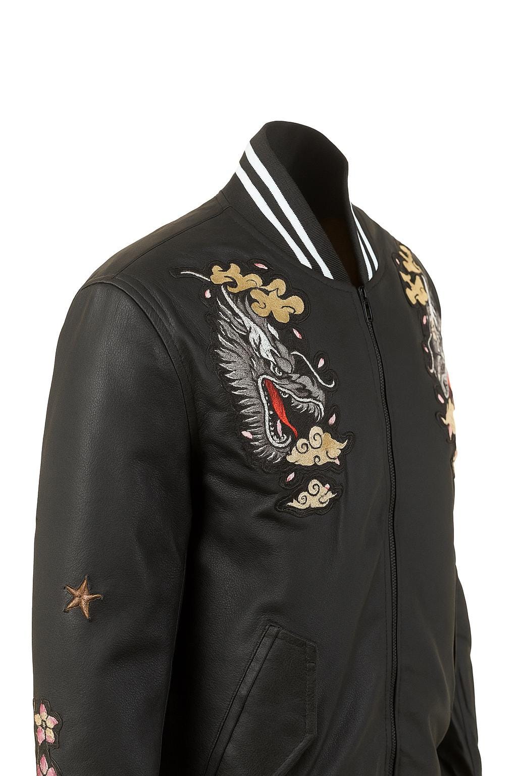 Dragon Embroidered Leather Bomber Jacket | Vintage Souvenir Style