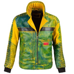 May include: A distressed leather jacket in shades of green and yellow, featuring a zip-up front, a stand-up collar, and black accents. The jacket has a red rectangular patch on the chest and ribbed cuffs. The jacket's measurements are not available.