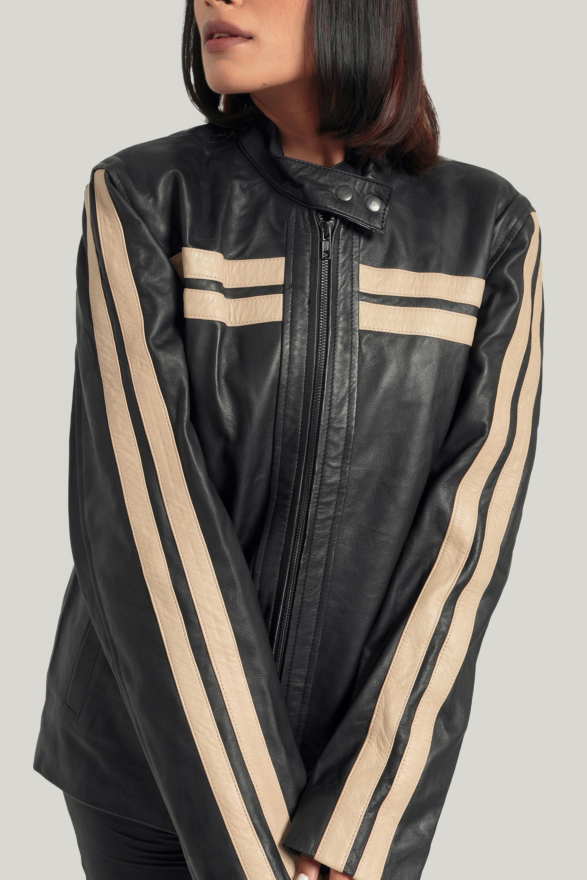 Oversized Black Leather Bomber Jacket, Retro Stripe Design - Etsy