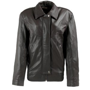 May include: A brown leather jacket with a zipper closure and a stand-up collar.