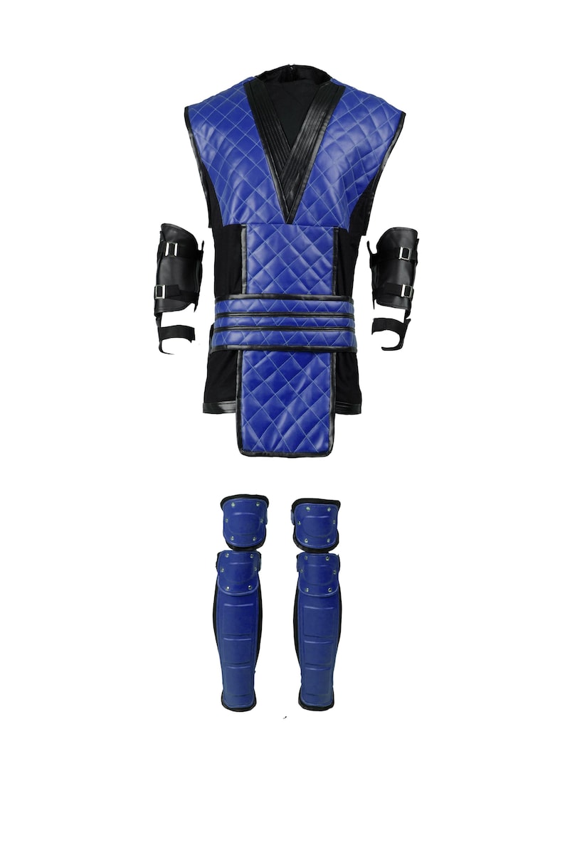 Puede incluir: Un disfraz azul y negro con un chaleco acolchado, protectores de brazos y protectores de piernas. El disfraz est&aacute; inspirado en el personaje del videojuego Sub-Zero.