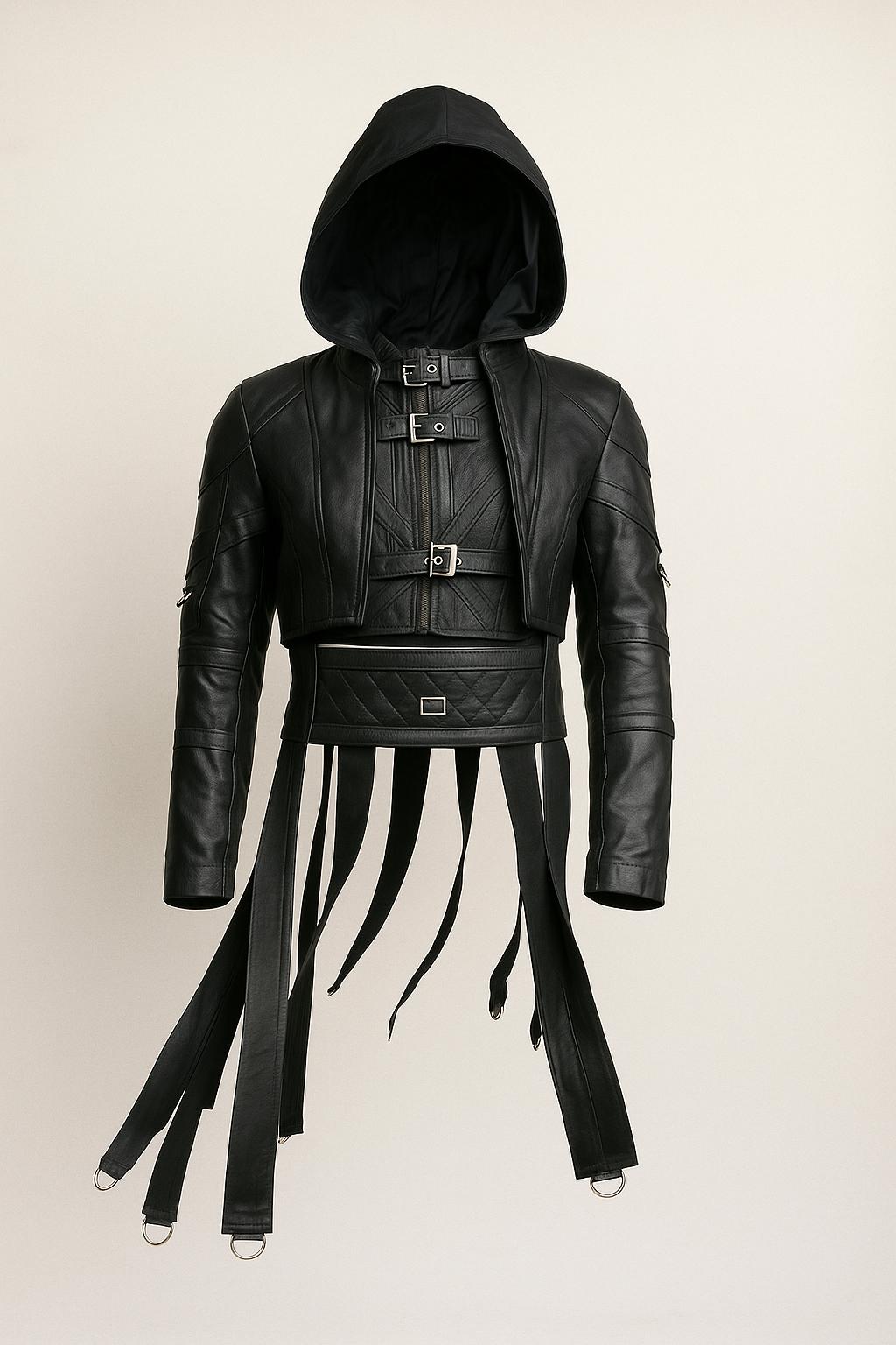 Gothic Leather Hooded Jacket – Cyberpunk Buckle Strap D-ring