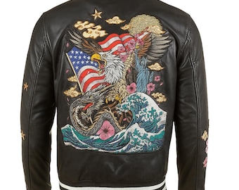 Dragon Embroidered Leather Bomber Jacket | Vintage Souvenir Style