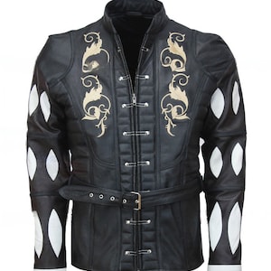 May include: A black leather jacket with a high collar and a zipper closure. The jacket has a belt and decorative stitching. The sleeves have white diamond-shaped patches.