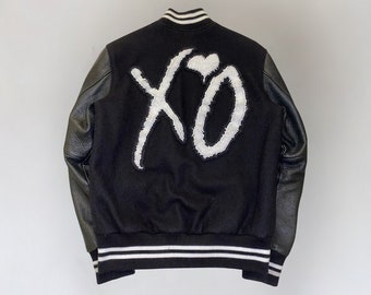 Men's The Weeknd XO Bomber Jacket Black Wool Faux Leather Sleeves Varsity Jacket