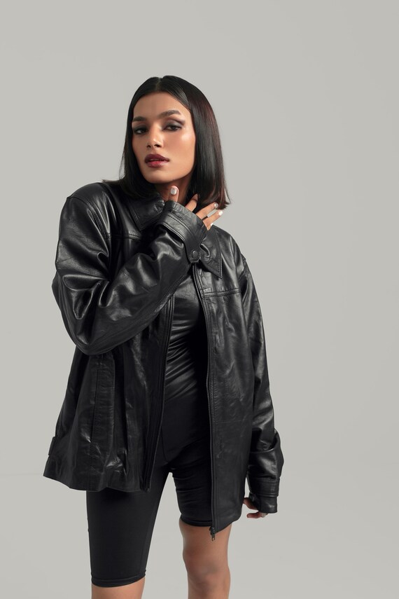 Handcrafted Oversized Black Leather Biker Jacket, Retro Bomber