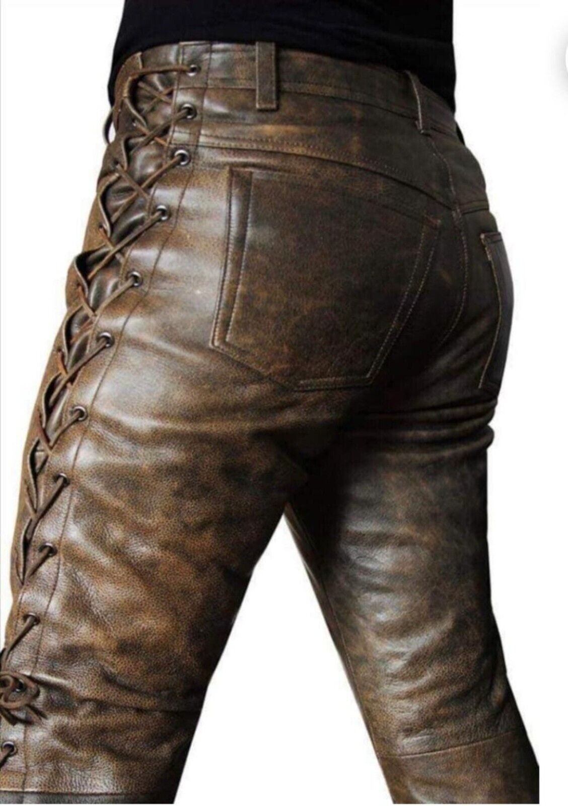 Lace up Brown Leather Pants for Men Side Lace Up - Etsy