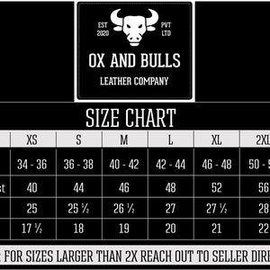 Puede incluir: Tabla de tallas para chaquetas de Ox and Bulls Leather Company. La tabla muestra las medidas de pecho, pecho de la chaqueta, mangas y hombros en pulgadas para las tallas XS a 3XL.