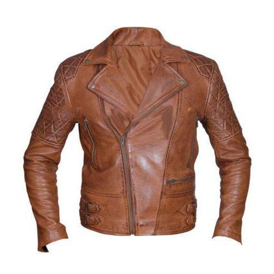 Distressed Cognac Biker Leather Jacket - Etsy