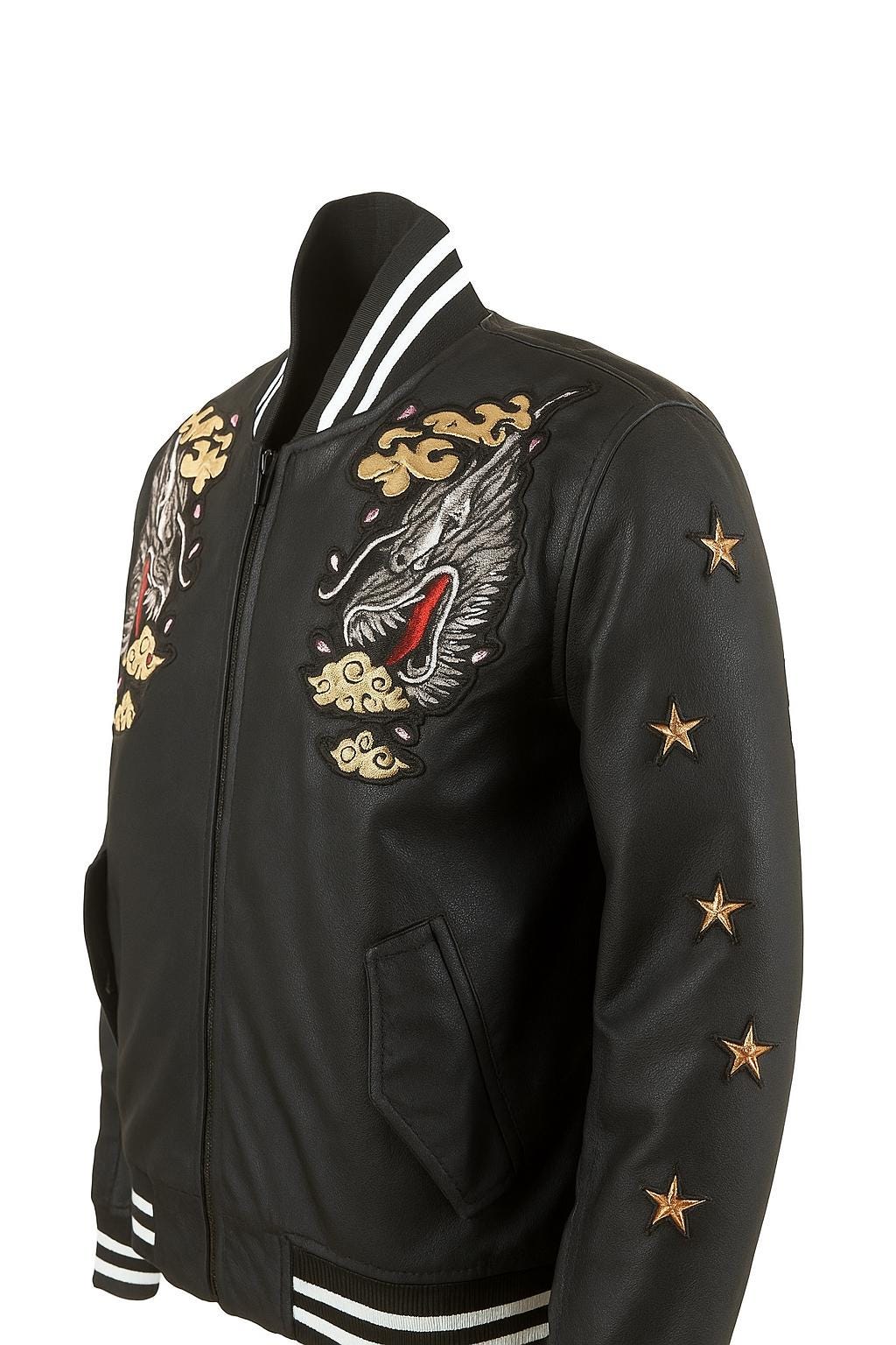 Dragon Embroidered Leather Bomber Jacket | Vintage Souvenir Style
