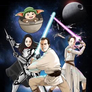 カスタム スターウォーズ ファミリー、パーソナライズされたファミリー、レイ、ルーク、キャプテン ファズマ、ベビー ヨーダ、マンダロリアン
