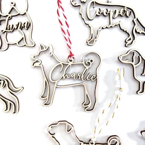 Custom Christmas WOOD dog ornaments with name, festive home decor, Christmas tree accent, family, modern personalized, Canadian store