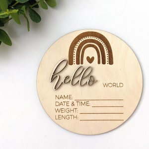 Wooden Hello World Rainbow Plaque Sign- Birth Announcement, 3D words, Stats, Baby Photo Prop, New Born, Milestone, Baby Shower Gift