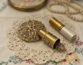 Vintage 1950s Florenza Brass Filigree Lipstick Holder Flip Up Vanity Mirror Hollywood Regency