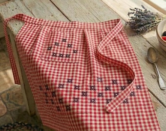 Vintage 1950s Red Gingham Half Apron Hand Embroidered Chicken Scratch Cottagecore