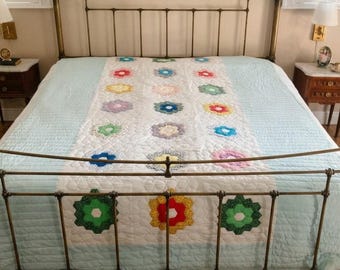 Vintage Hand Stitched Grandmothers Flower Garden Quilt Blue Border Twin - Queen Bedspread