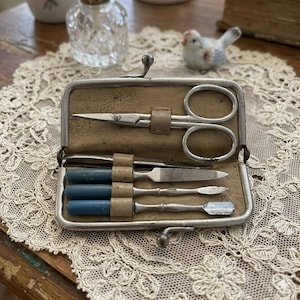 Vintage 1940s-50s Klingia German Travel Manicure Set Blue Kiss Lock Case Miniature Grooming Kit