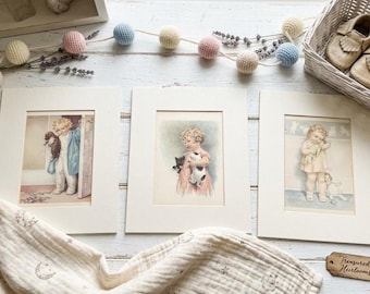 Trío de láminas vintage de Bessie Pease Gutmann: Buenos días, Enemigos amistosos, El amor es ciego - Arte infantil
