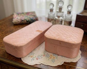 Vintage Pink Quilted Vanity Box Set of 2 1950s Dresser Organizer Hollywood Regency