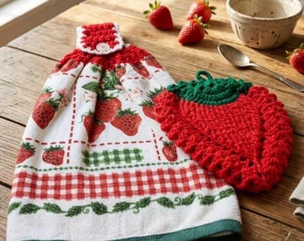 Vintage Strawberry Kitchen Towel and Handmade Crochet Potholder Set Cottagecore Trivet