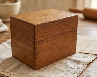 Vintage Oak Wooden Recipe Box Hinged Lid Kitchen Storage Cottagecore Organization