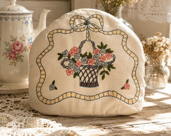 Vintage Embroidered Tea Cozy Hand Stitched Flower Basket Cozy Grandmillennial Tea Cover