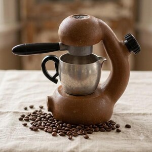 May include: A brown, textured, curved espresso maker with a black handle and a silver metal pitcher. The device features a black knob on the side and is surrounded by a pile of dark roasted coffee beans on a light-colored fabric surface.