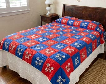 Vintage Hand Knotted Flower Quilt Red Blue Twin Embroidered Folk Art Blanket