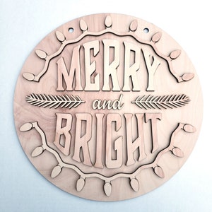 Wood Blank Christmas Lights Merry and Bright Retro Look Holiday Round Door Hanger Sign DIY Precut for you