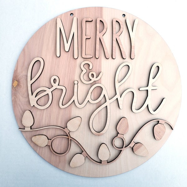 Wood Blank Merry and Bright Christmas Lights Holiday Round Door Hanger Sign DIY Precut for you