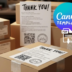 May include: Cardboard boxes with shipping labels and "Thank You!" notes. A Canva template graphic with a PDF icon is visible. The notes include a QR code and instructions for leaving a review.