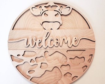 Welcome Cow Head Cow Print Round Door Hanger Precut Wood Blank 3D Sign