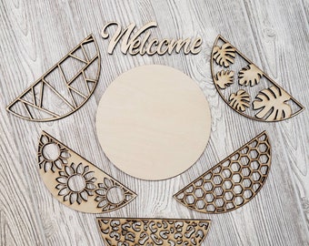 Wood Blank Welcome 3pc set geometric design Round Door Hanger Sign DIY Precut for you