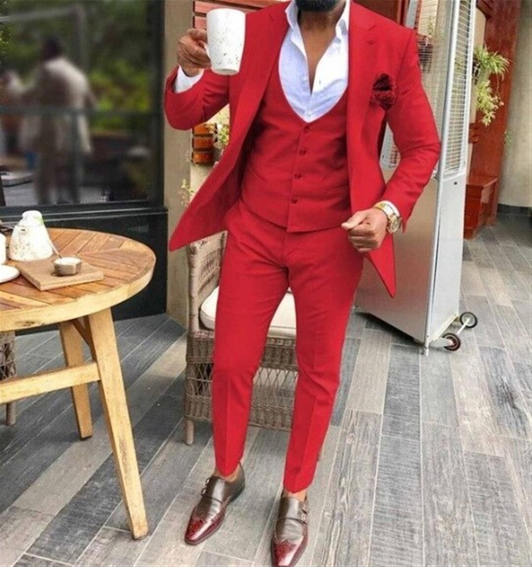 Men Suits Red 3 Piece Formal Fashion Slim Fit Elegant Wedding - Etsy