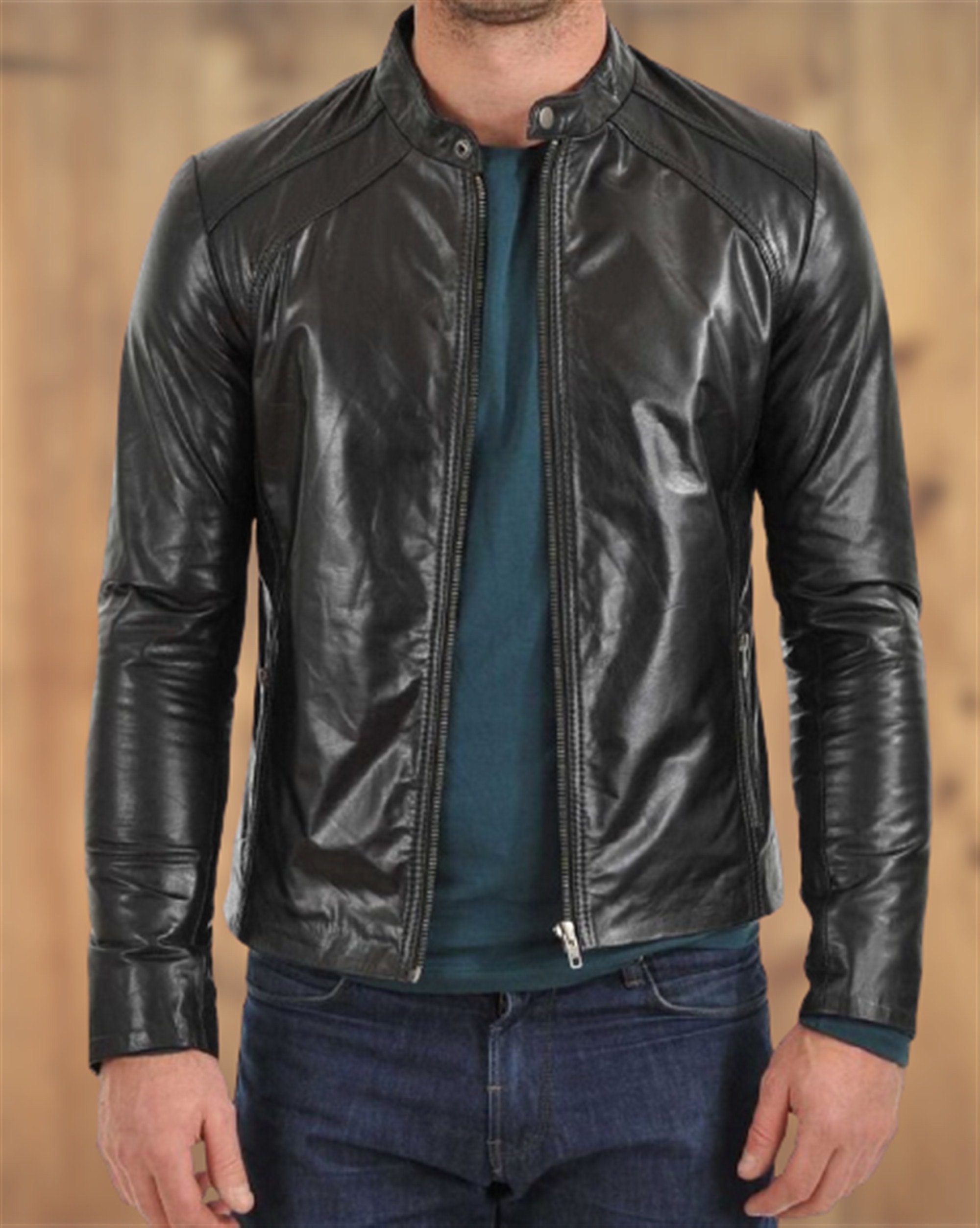 Mens Lambskin Black jacket Vintage Leather Biker Motorcycle | Etsy