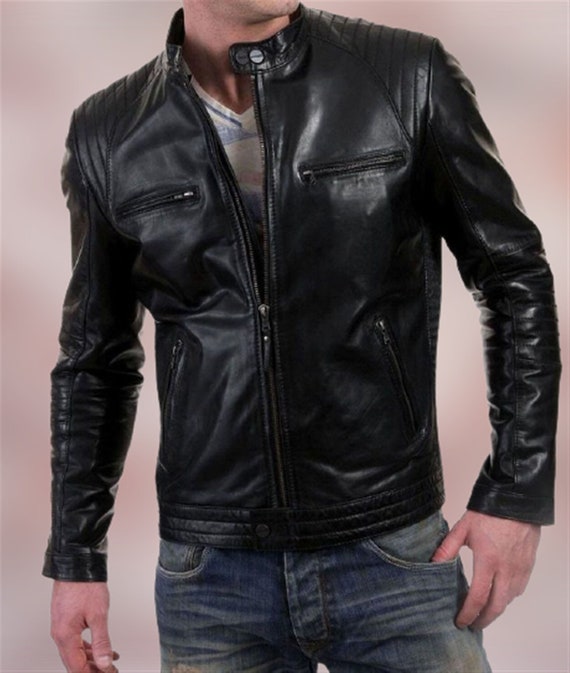 Mens Black Biker Leather Jacket Genuine Lambskin Leather | Etsy