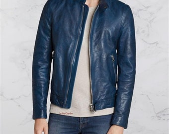 Men Slim Fit Biker Motorcycle Lambskin Leather Blue Jacket Coat Outwear Jackets For Men, Personalised Gifts for him